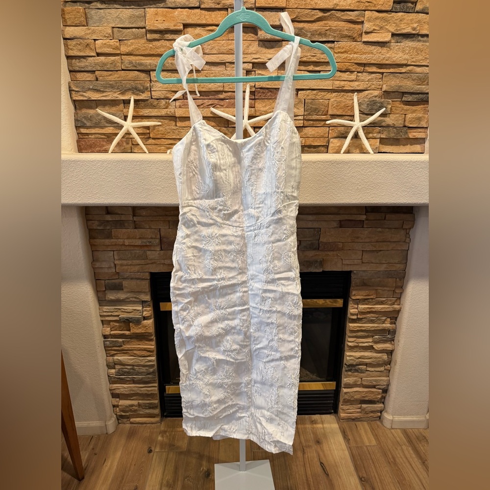Lulu's Elegant White  Jacquard Dress Bow Tied Straps small
